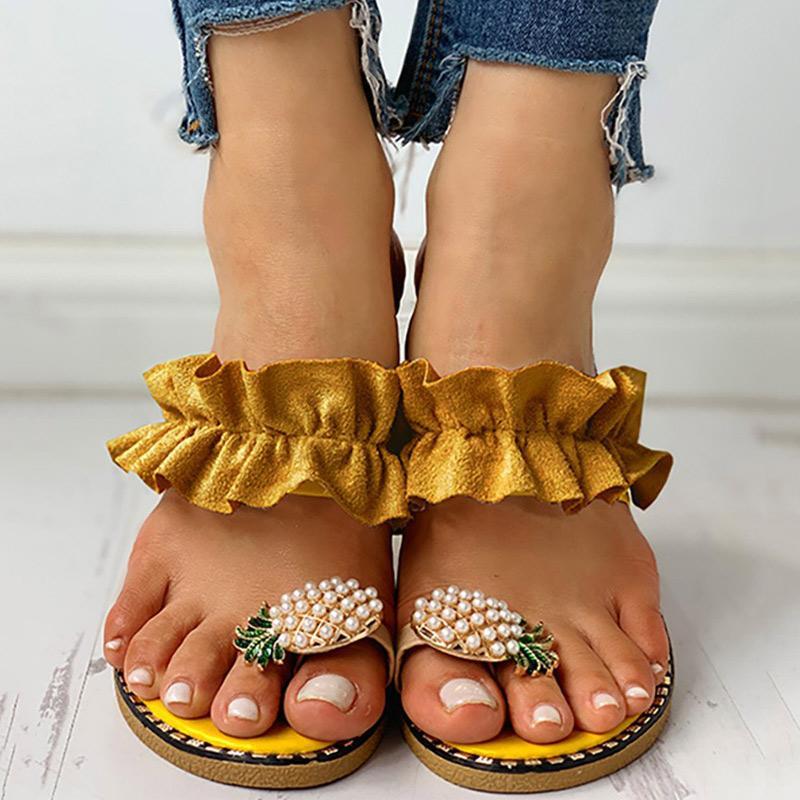 Pineapple Pattern Toe Ring Frill Hem Casual Sandals