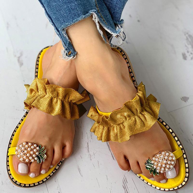 Pineapple Pattern Toe Ring Frill Hem Casual Sandals