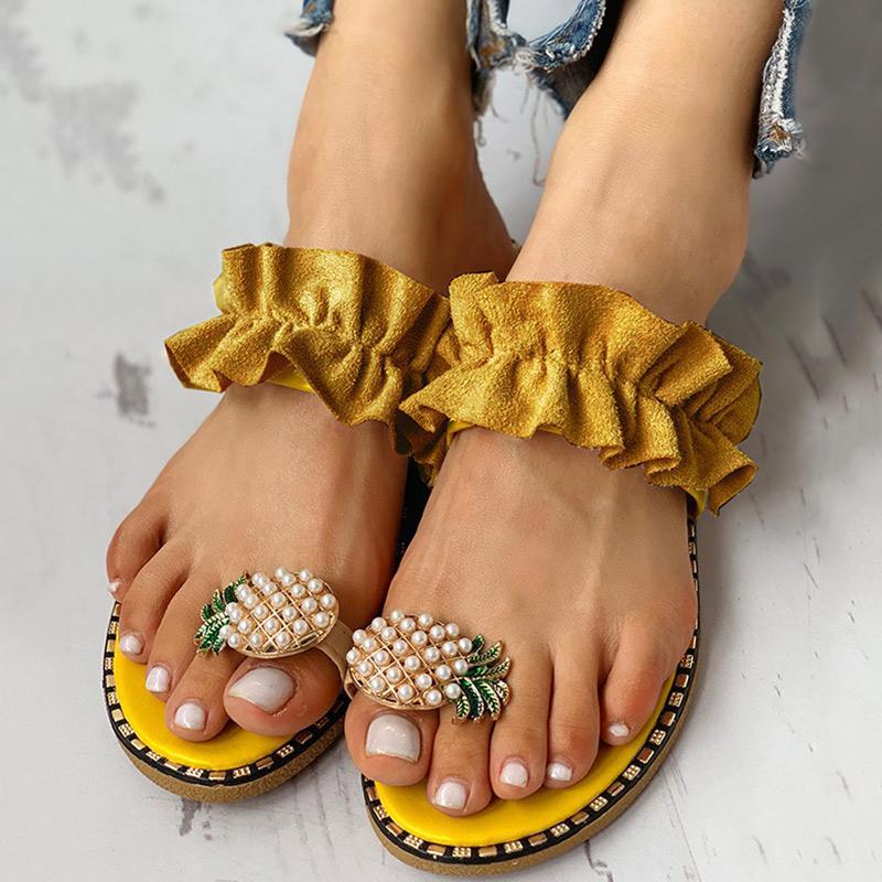 Pineapple Pattern Toe Ring Frill Hem Casual Sandals