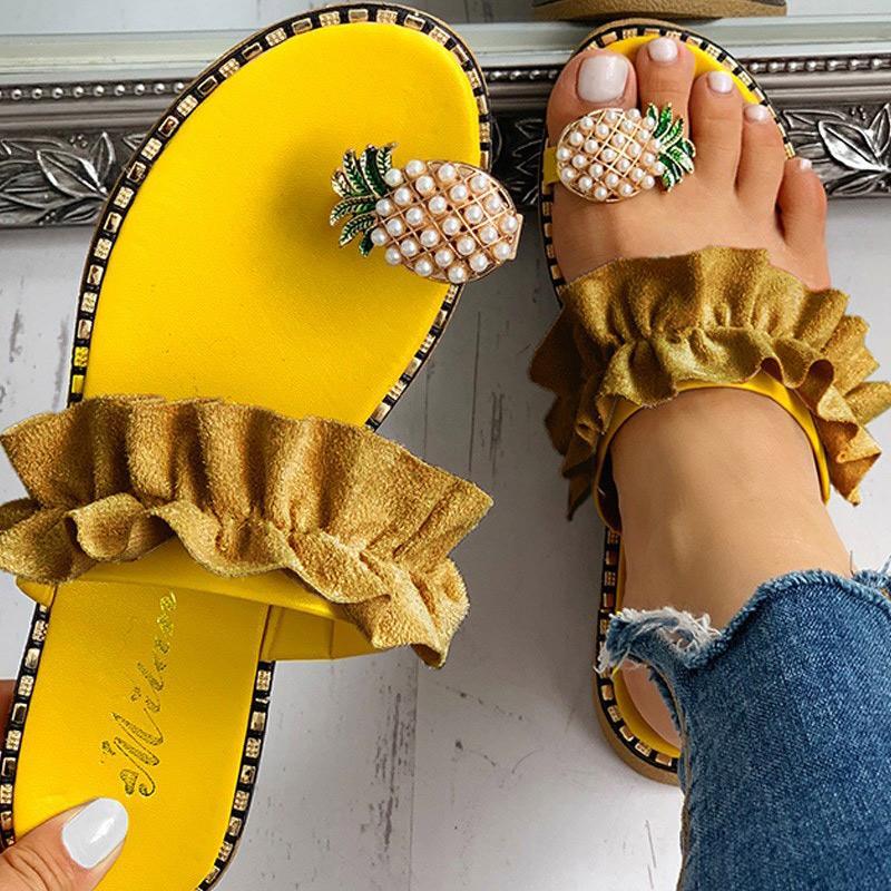 Pineapple Pattern Toe Ring Frill Hem Casual Sandals