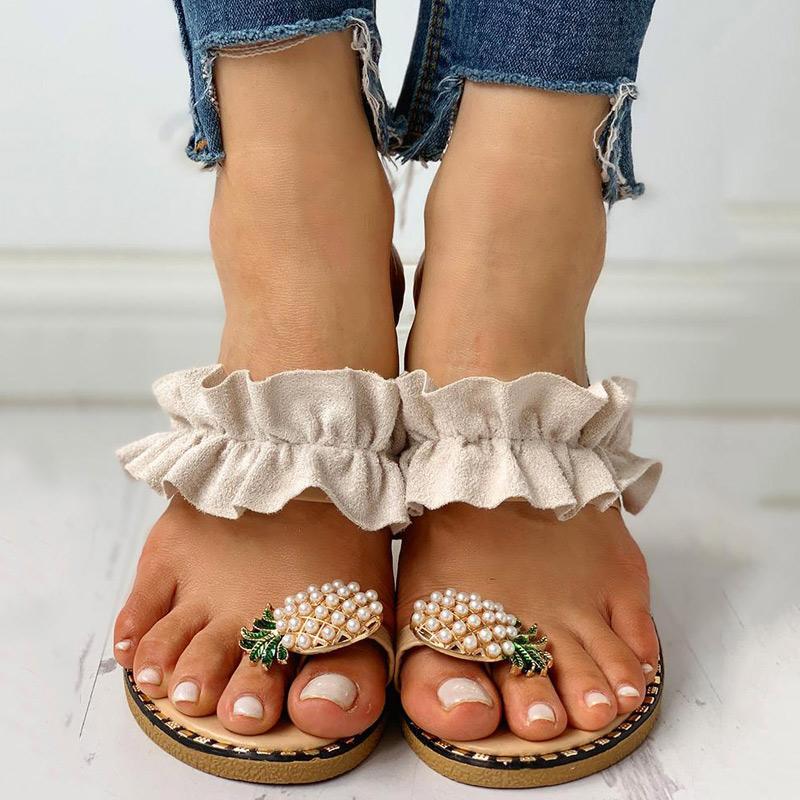 Pineapple Pattern Toe Ring Frill Hem Casual Sandals