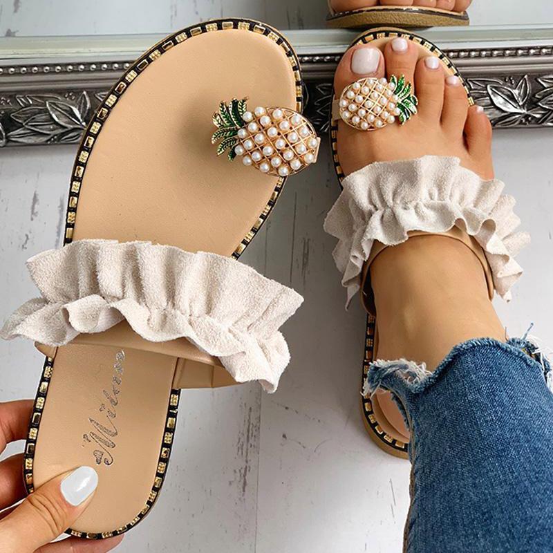 Pineapple Pattern Toe Ring Frill Hem Casual Sandals